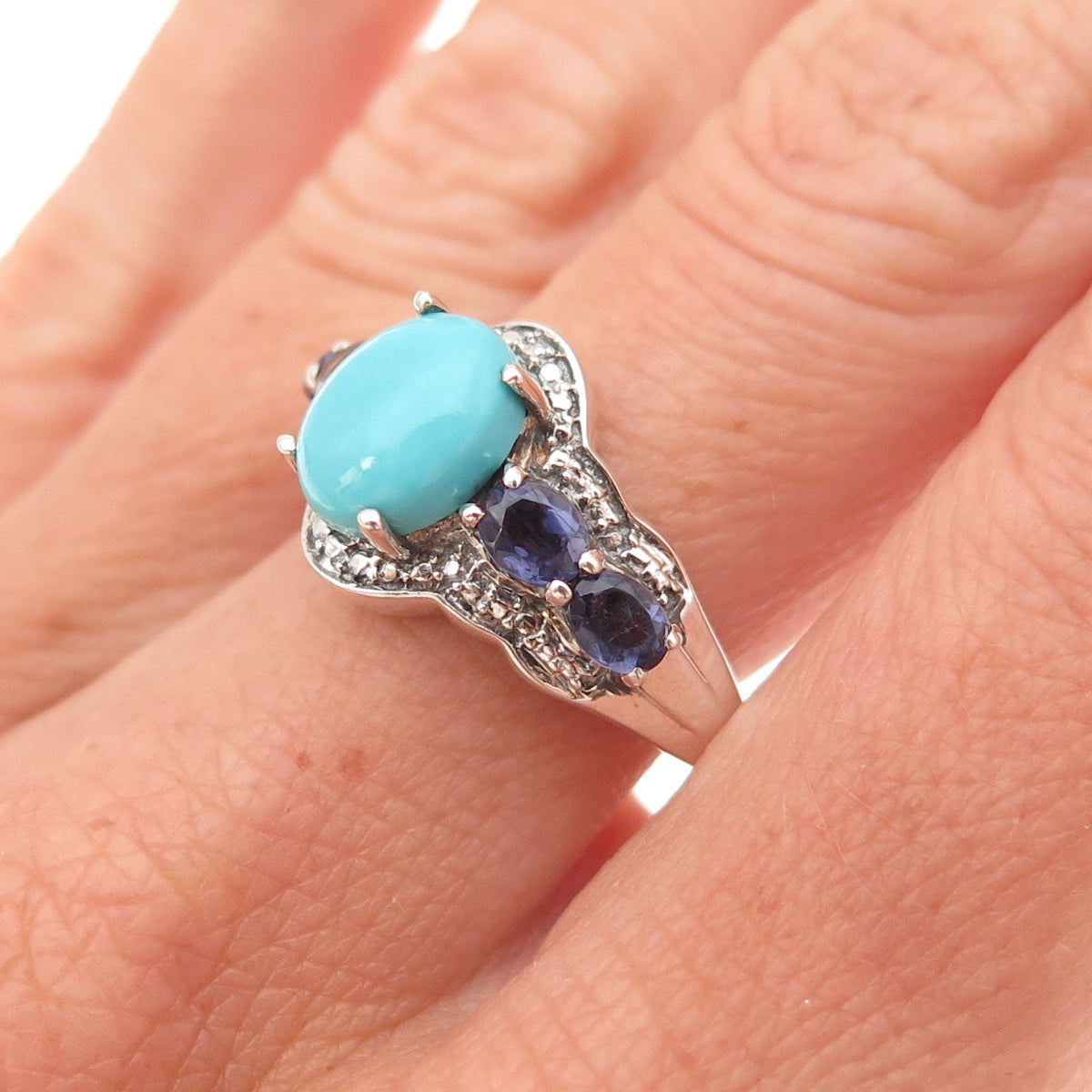 Chuck Clemency 925 Sterling Real Sleeping Beauty Turquoise & Iolite Ring Size 7