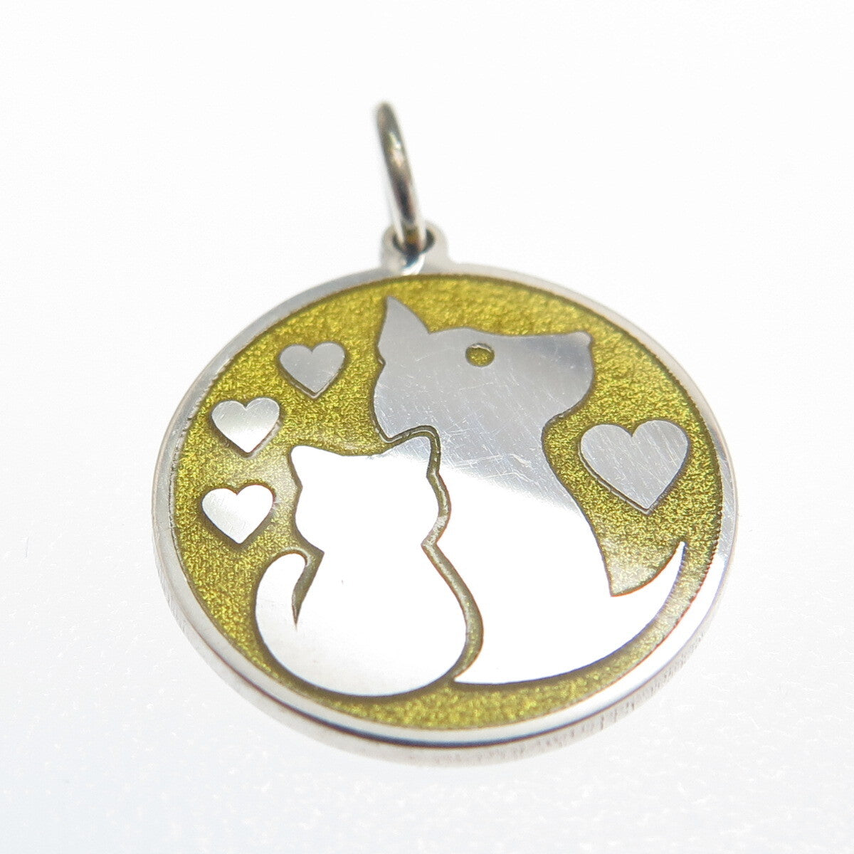 925 Sterling Silver Yellow Enamel Cat & Dog Friendship Minimalist Charm Pendant