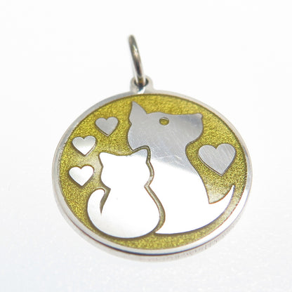 925 Sterling Silver Yellow Enamel Cat & Dog Friendship Minimalist Charm Pendant