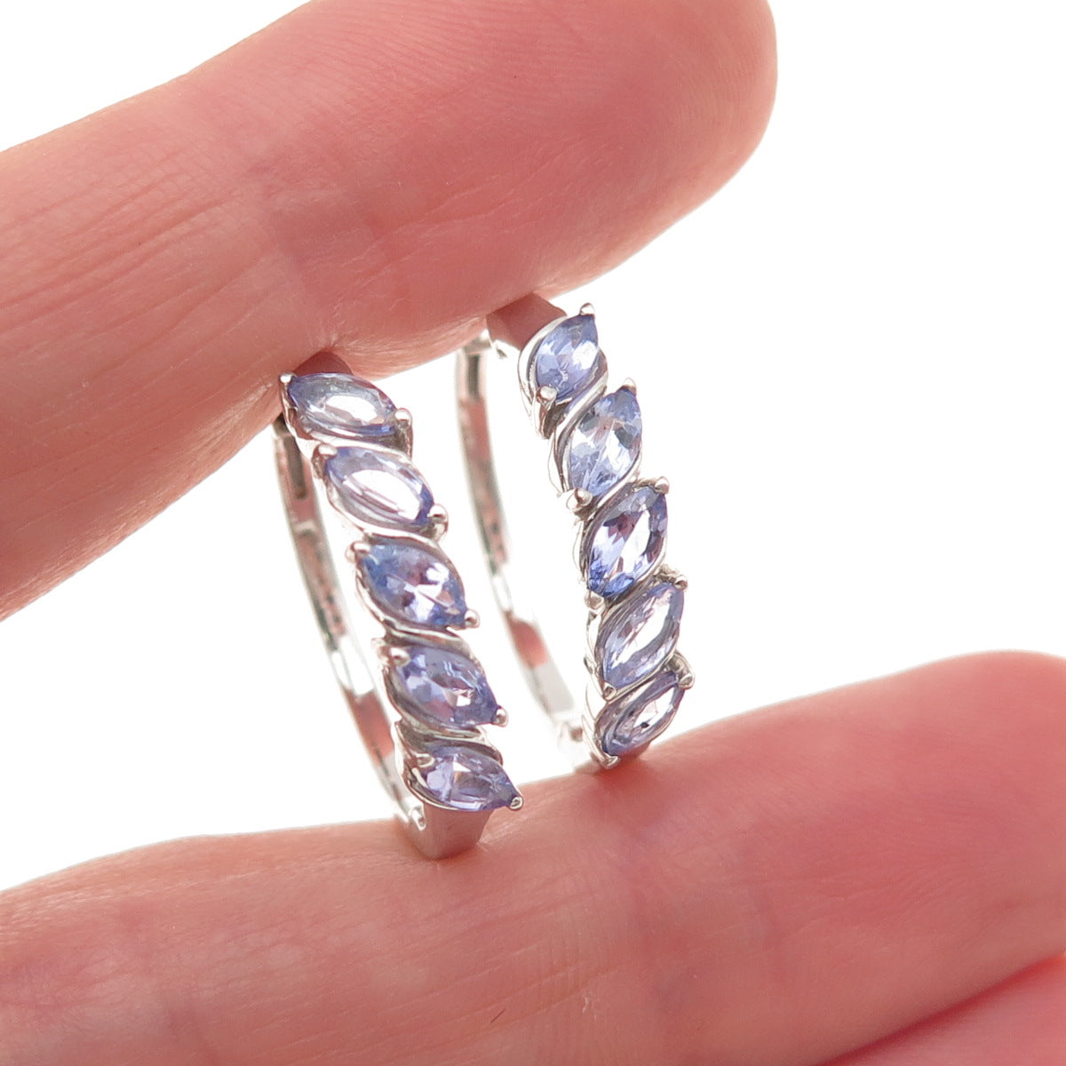 D'Joy 925 Sterling Silver Real Marquise-Cut Tanzanite Hoop Earrings