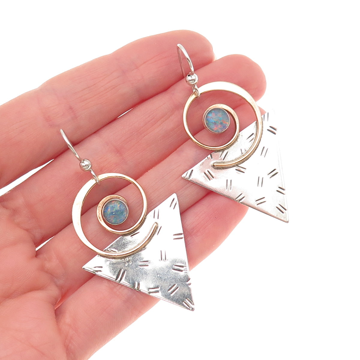 925 Sterling Silver 2-Tone Vintage Real Opal Modernist Dangle Earrings