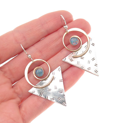 925 Sterling Silver 2-Tone Vintage Real Opal Modernist Dangle Earrings