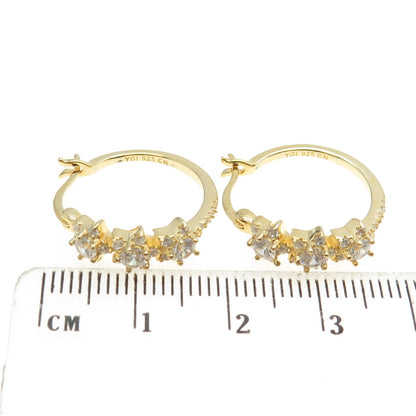 925 Sterling Silver Gold Plated Round-Cut C Z Floral Hoop Earrings