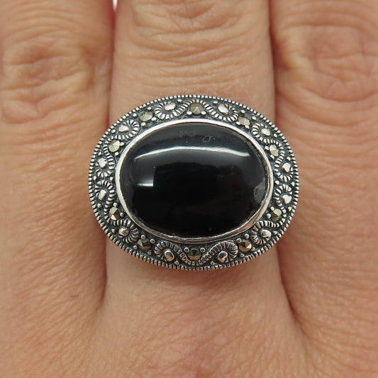 925 Sterling Silver Vintage Real Black Onyx & Marcasite Oxidized Ring Size 8