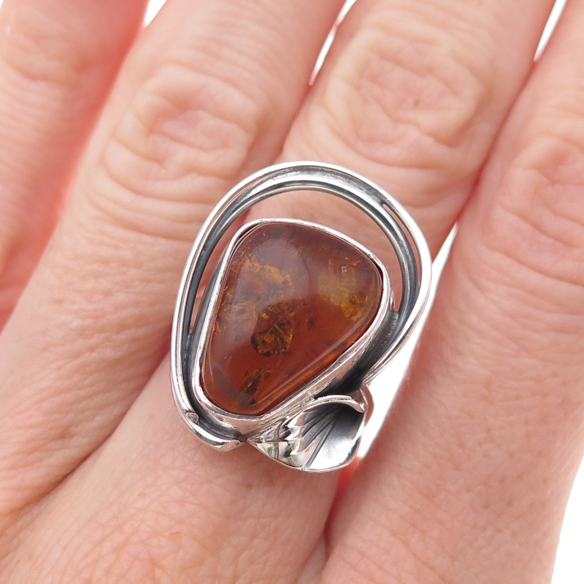 925 Sterling Silver Vintage Real Amber Modernist Calla Lily Ring Size 6.75