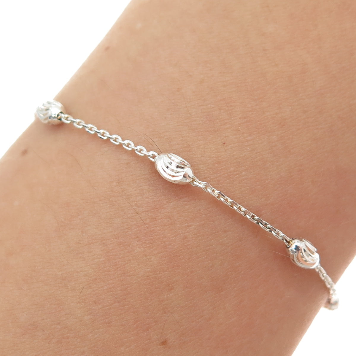 925 Sterling Silver Italy Diamond-Cut Bead Station Cable Anklet / Bracelet 10.5"