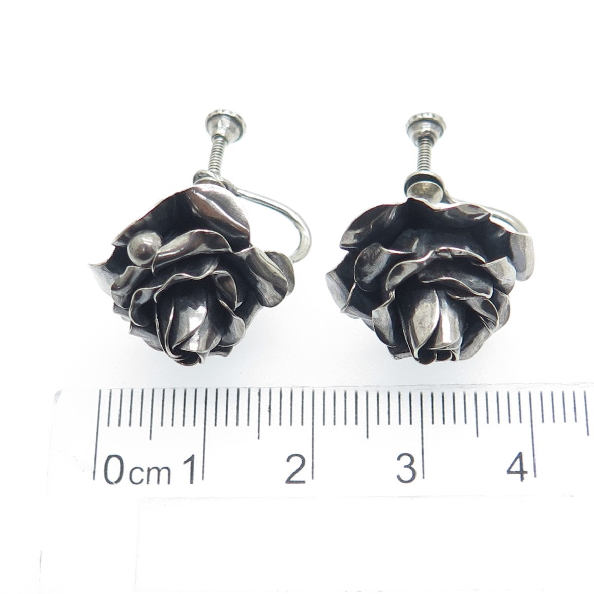 925 Sterling Silver Antique Art Deco Rose Flower Oxidized Screw Back Earrings