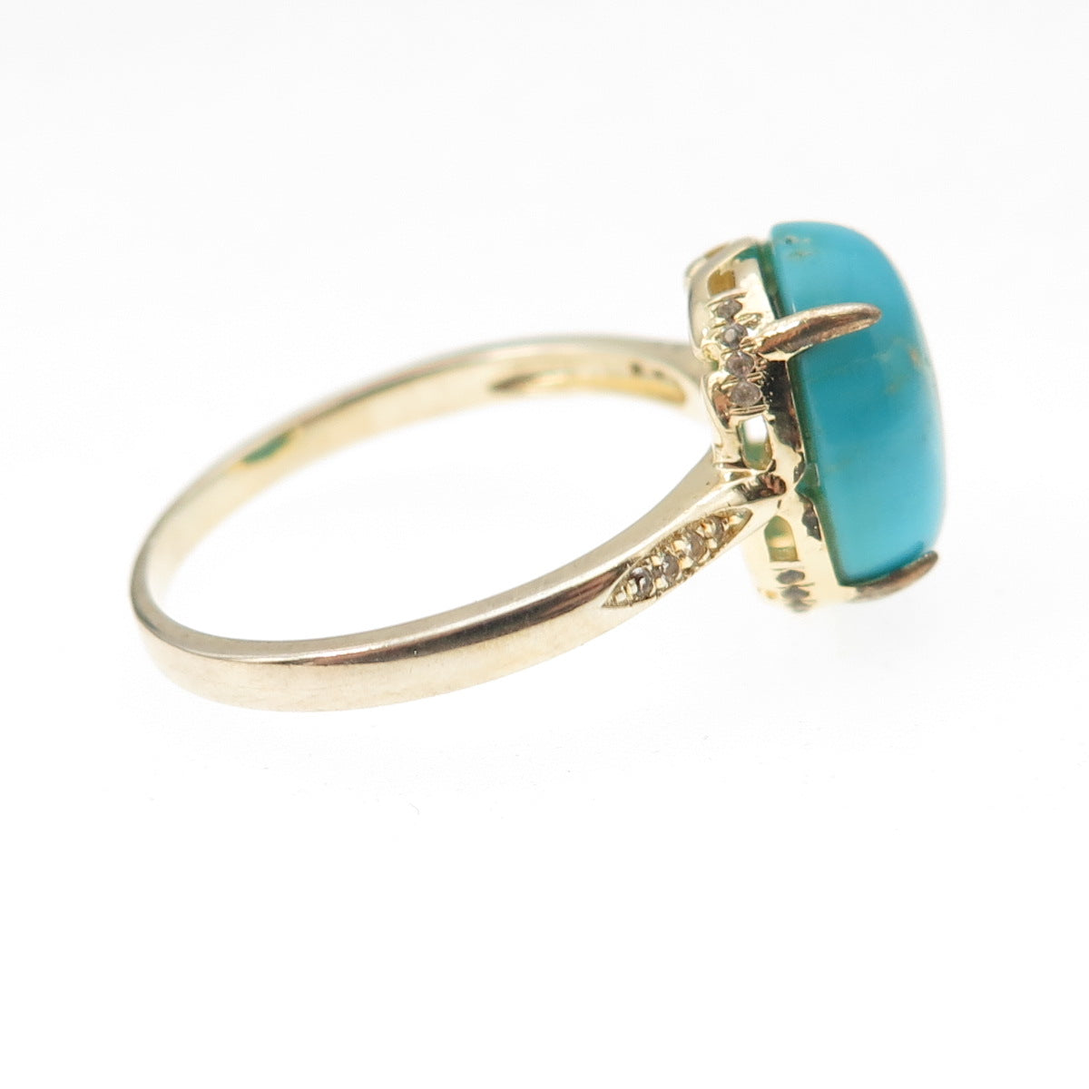 925 Sterling Silver Gold Plated Real Turquoise & White Topaz Ring Size 8