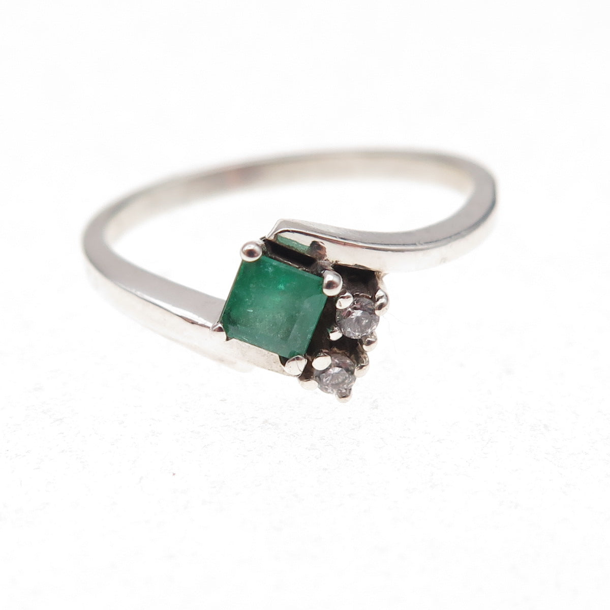 925 Sterling Silver Real Emerald & C Z Bypass Ring Size 7.25