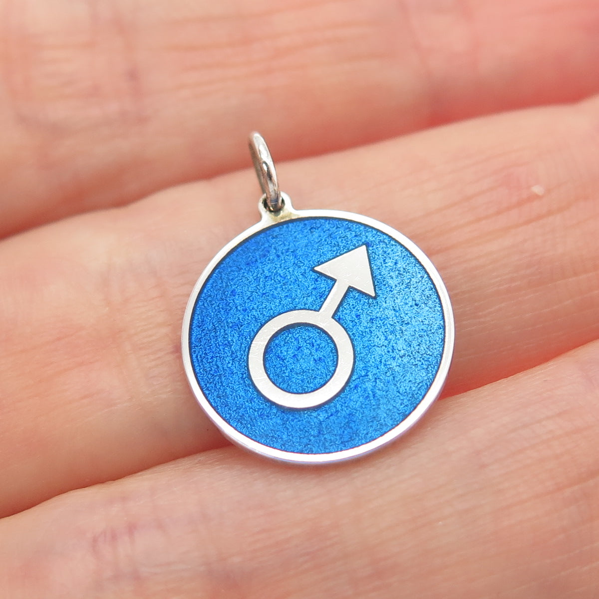 925 Sterling Silver Blue Enamel Male Symbol Round Tag Minimalist Charm Pendant