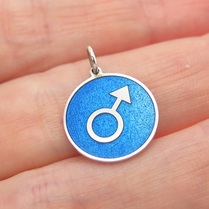 925 Sterling Silver Blue Enamel Male Symbol Round Tag Minimalist Charm Pendant