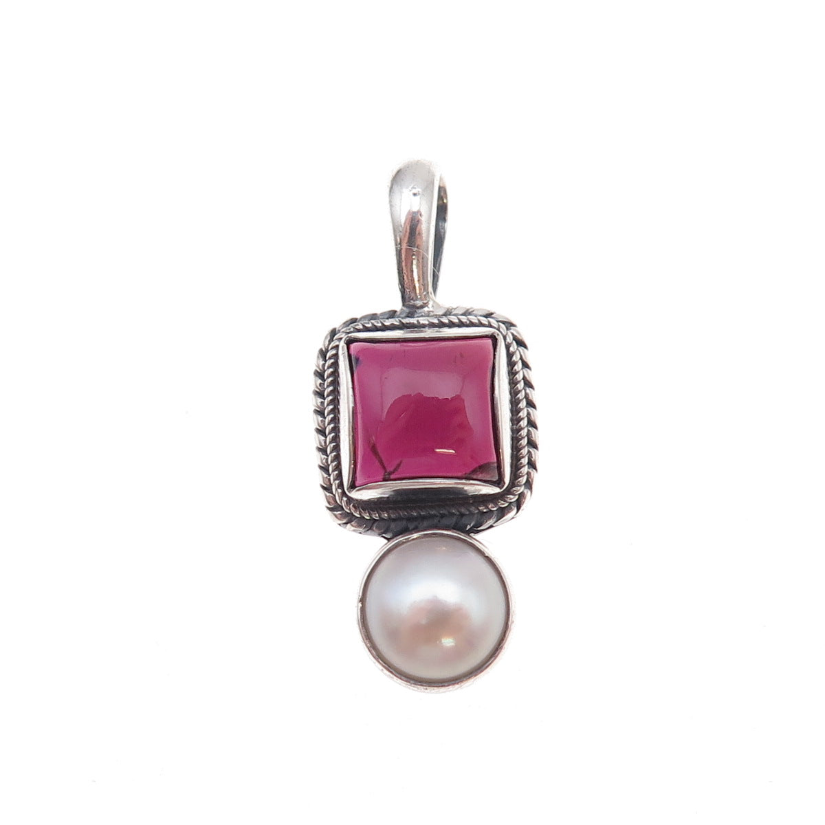 Estelle 925 Sterling Silver Vintage Real Rhodolite & Pearl Charm Pendant