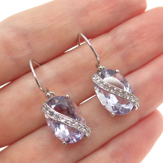 925 Sterling Silver Real Amethyst & White Topaz Dangle Earrings