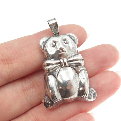 925 Sterling Silver Vintage Teddy Bear Bow Puffy Pin Brooch / Pendant