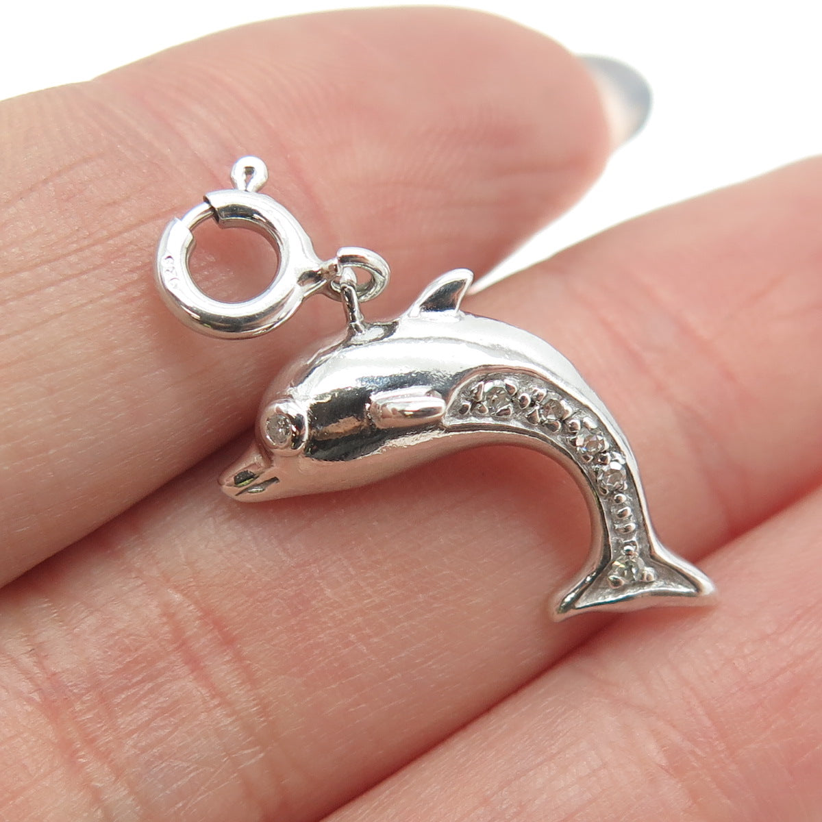 925 Sterling Silver Real Round-Cut Diamond Dolphin Spring Ring Lock Pendant