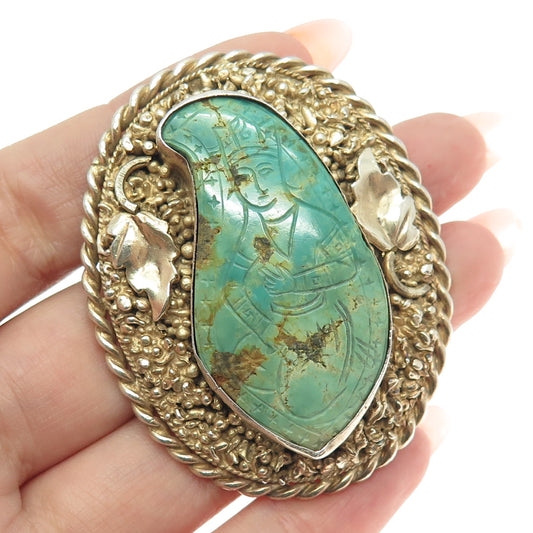 925 Sterling Silver Gold Plated Antique Carved Turquoise Lady Handmade Brooch