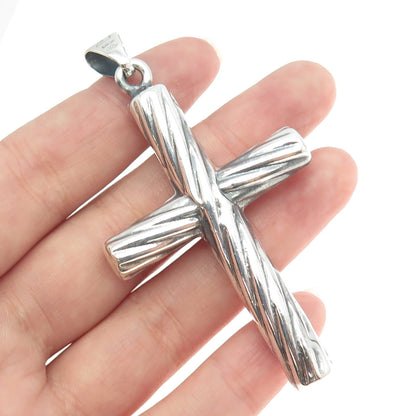 925 Sterling Silver Vintage Italy Ribbed Cross 3D Pendant