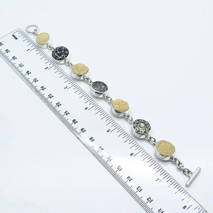 925 Sterling Silver Vintage Carved Ceramic & Glass Round Link Bracelet 6.75"