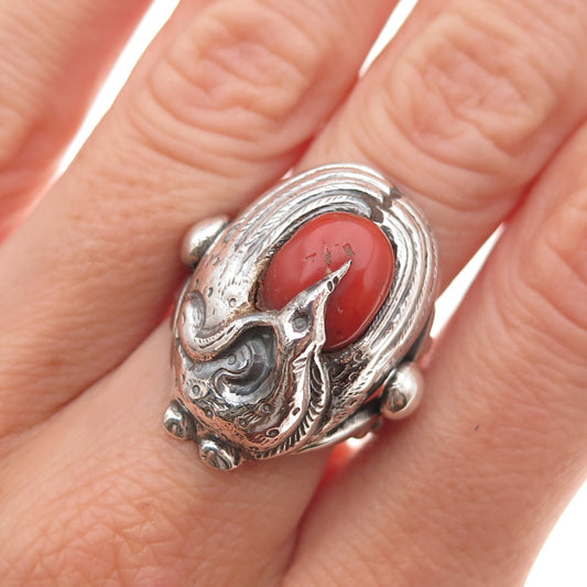 Old Pawn 925 Sterling Silver Vintage Southwestern Coral Bird Tribal Ring Size 7