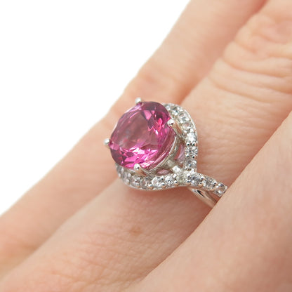 925 Sterling Silver Real Round-Cut White Topaz & Pink C Z Ring Size 5.25