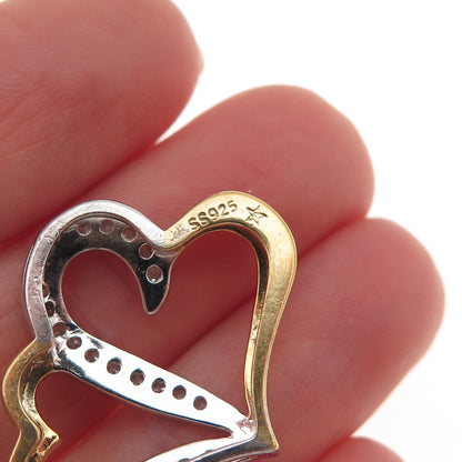 925 Sterling Silver 2-Tone Real Diamond Couple Heart Slide Charm Pendant