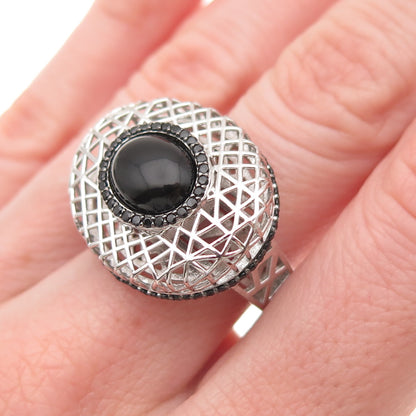 925 Sterling Silver Real Black Onyx & Spinel Dome Ring Size 7.25