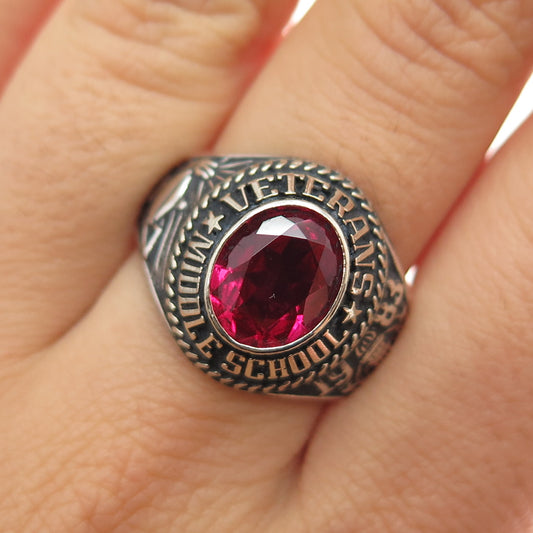 925 Sterling Vintage 1983 Lab-Created Ruby Veterans Middle School Ring Size 8