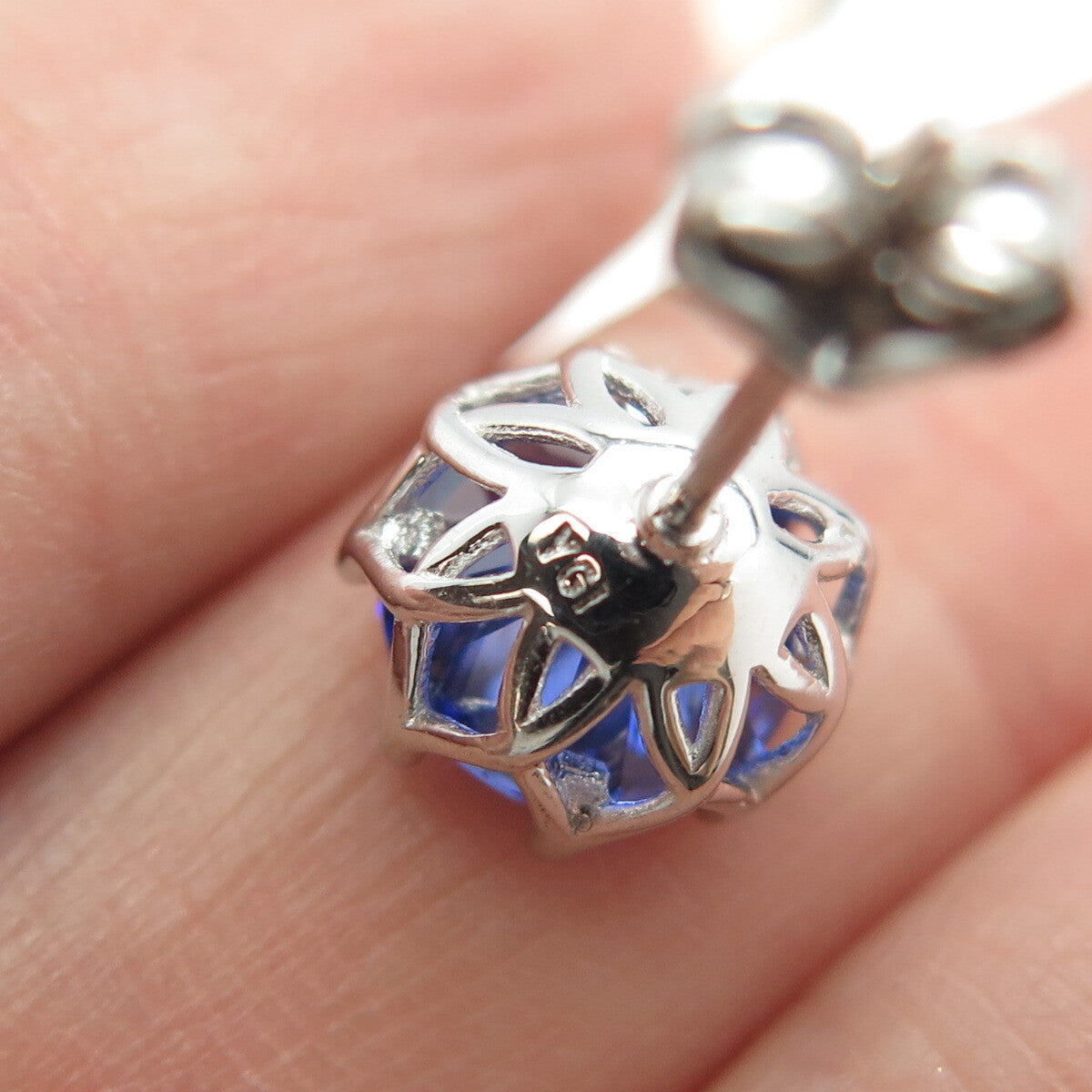 925 Sterling Silver Round-Cut Blue C Z Crown Stud Earrings