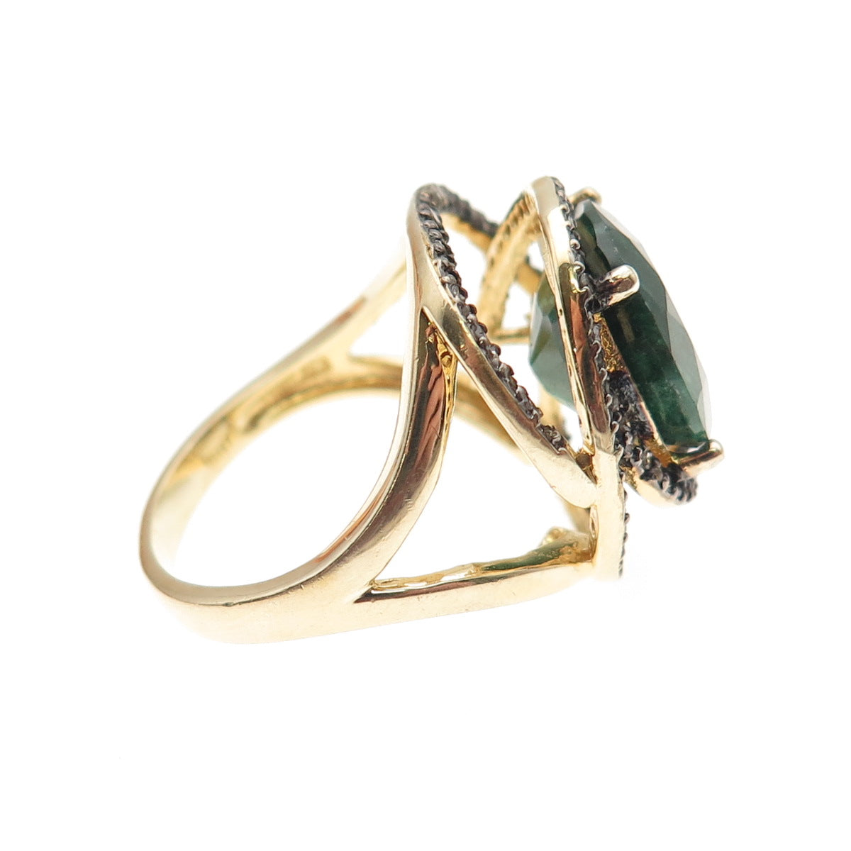 925 Sterling Silver Gold Plated Vintage Real Diamond & Emerald Ring Size 8