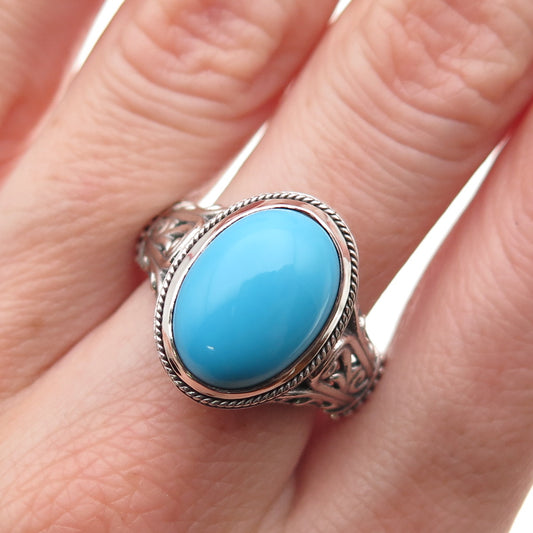 Samuel Benham 925 Sterling Silver Vintage Real Turquoise Floral Ring Size 9.25