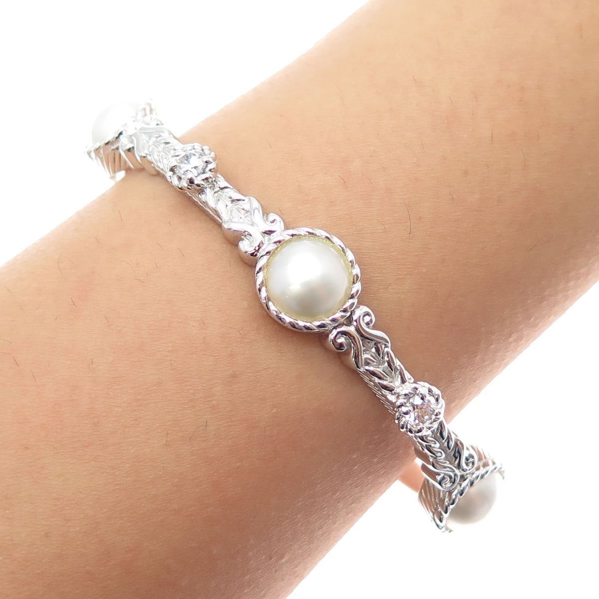 JUDITH RIPKA 925 Sterling Silver Real Pearl & C Z Adjustable Cuff Bracelet 7"