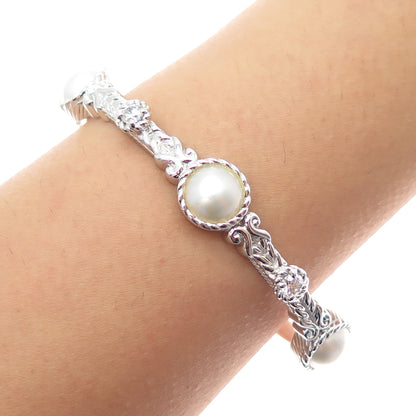 JUDITH RIPKA 925 Sterling Silver Real Pearl & C Z Adjustable Cuff Bracelet 7"