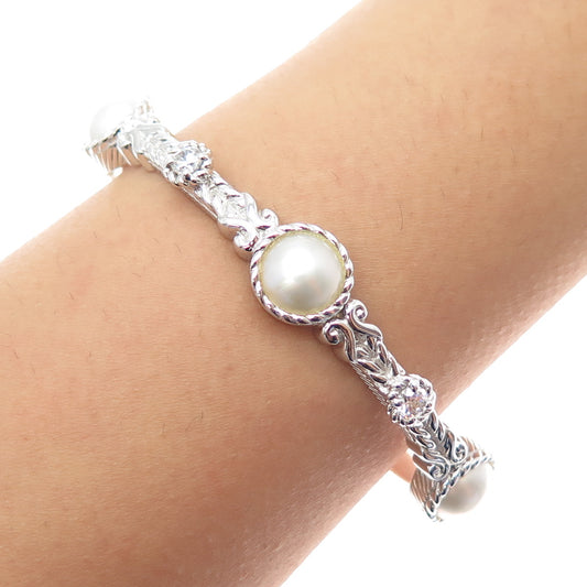 JUDITH RIPKA 925 Sterling Silver Real Pearl & C Z Adjustable Cuff Bracelet 7"
