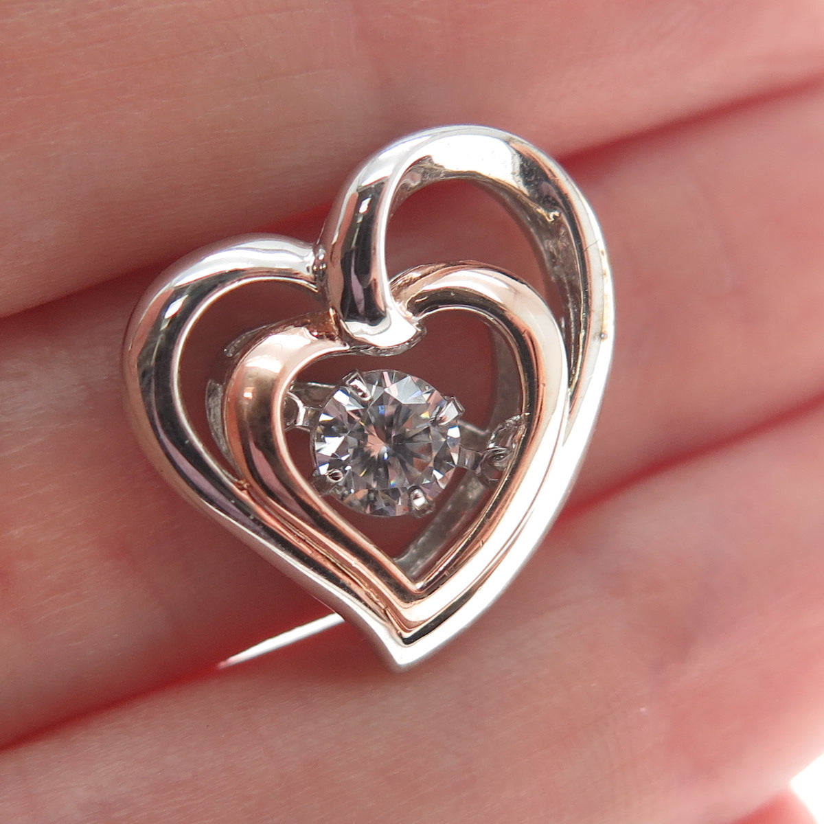 SAI 925 Sterling Silver 2-Tone Round-Cut Shaped C Z Double Heart Slide Pendant