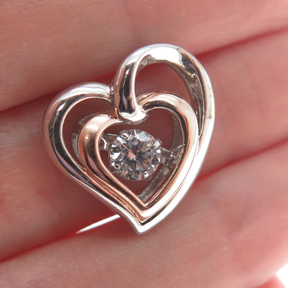 SAI 925 Sterling Silver 2-Tone Round-Cut Shaped C Z Double Heart Slide Pendant