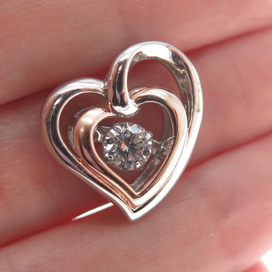 SAI 925 Sterling Silver 2-Tone Round-Cut Shaped C Z Double Heart Slide Pendant