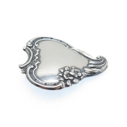 925 Sterling Silver Antique Art Deco Heart & Flower Repousse Oxidized Pin Brooch