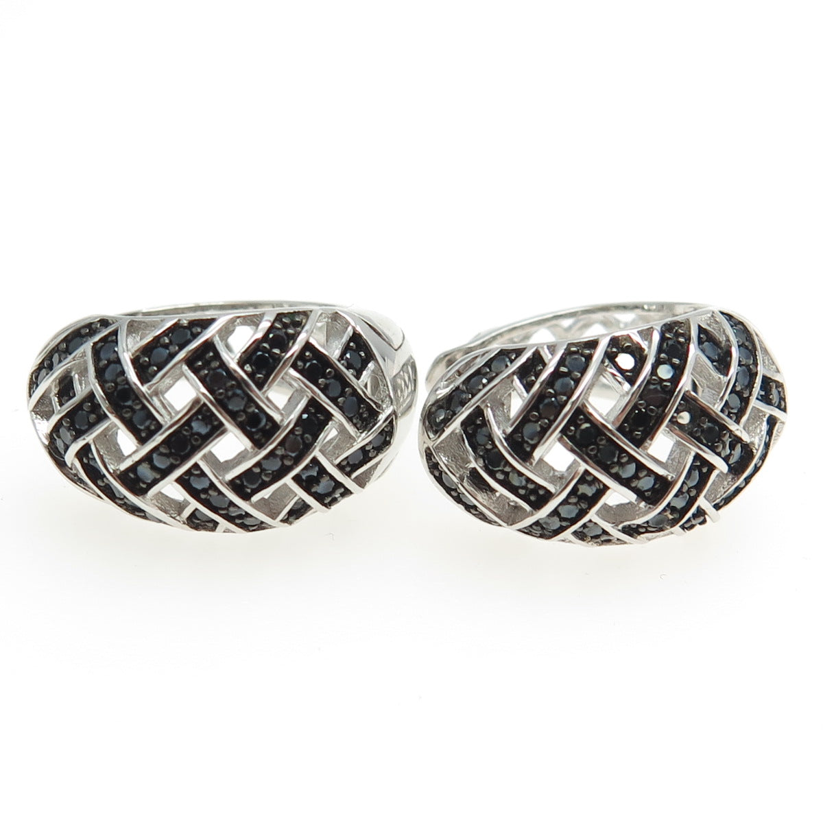 925 Sterling Silver Round-Cut Black C Z Woven Hoop Earrings