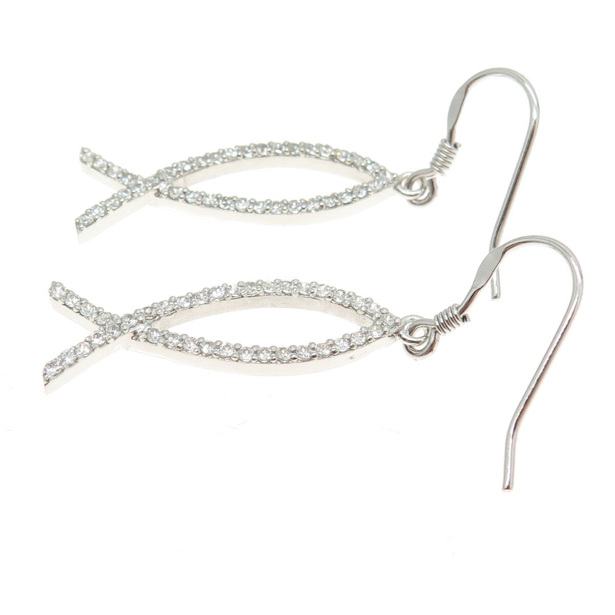 925 Sterling Silver Round-Cut Shaped C Z Ichthys Fish Dangling Hook Earrings