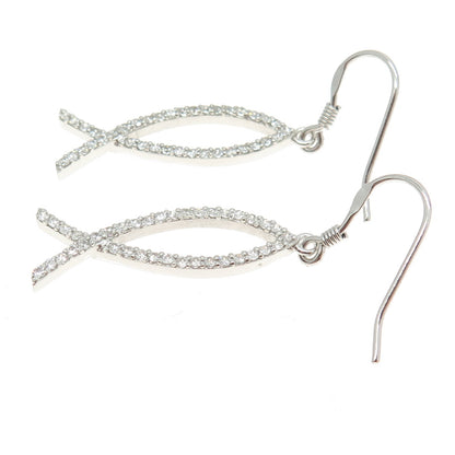 925 Sterling Silver Round-Cut Shaped C Z Ichthys Fish Dangling Hook Earrings