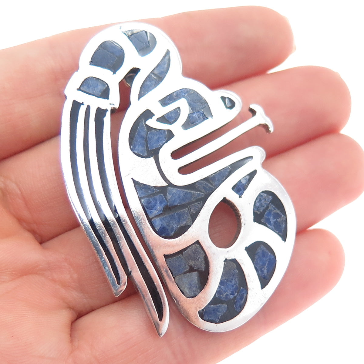 925 Sterling Silver Vintage Mexico Real Sodalite Aztec God Pin Brooch / Pendant
