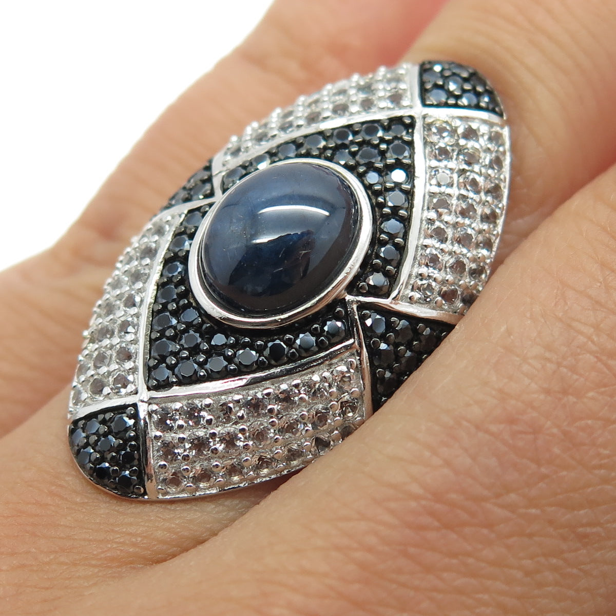 925 Sterling Silver Real Cabochon Sapphire White Topaz Black Spinel Ring Size 6