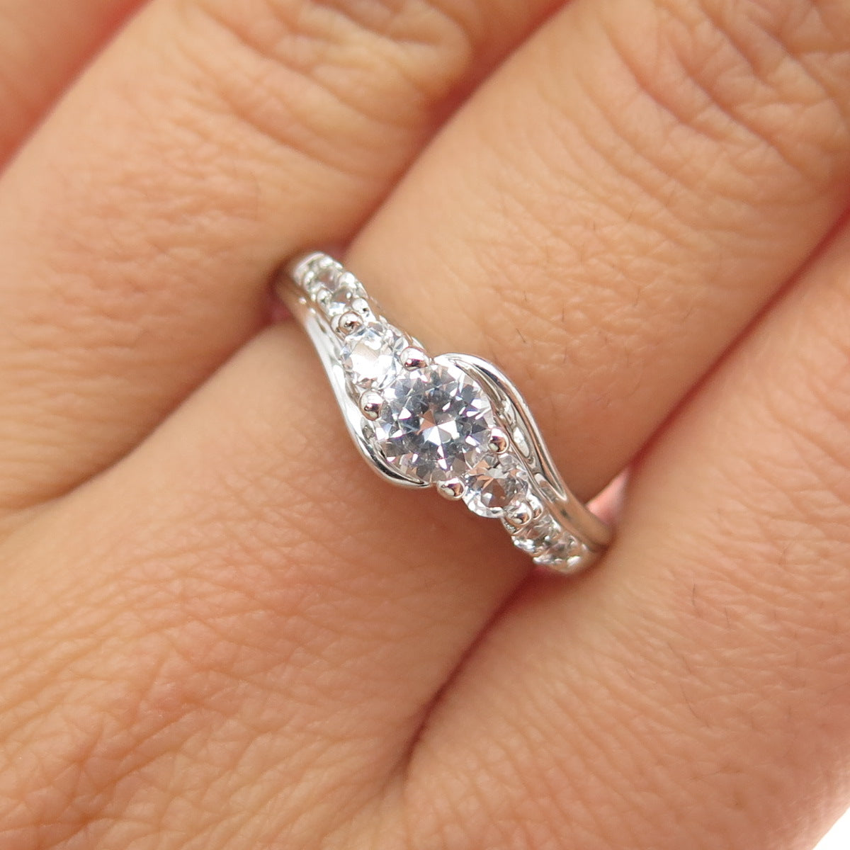 SUN 925 Sterling Silver Real Round-Cut White Topaz Engagement Ring Size 6.75