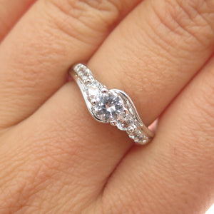 SUN 925 Sterling Silver Real Round-Cut White Topaz Engagement Ring Size 6.75