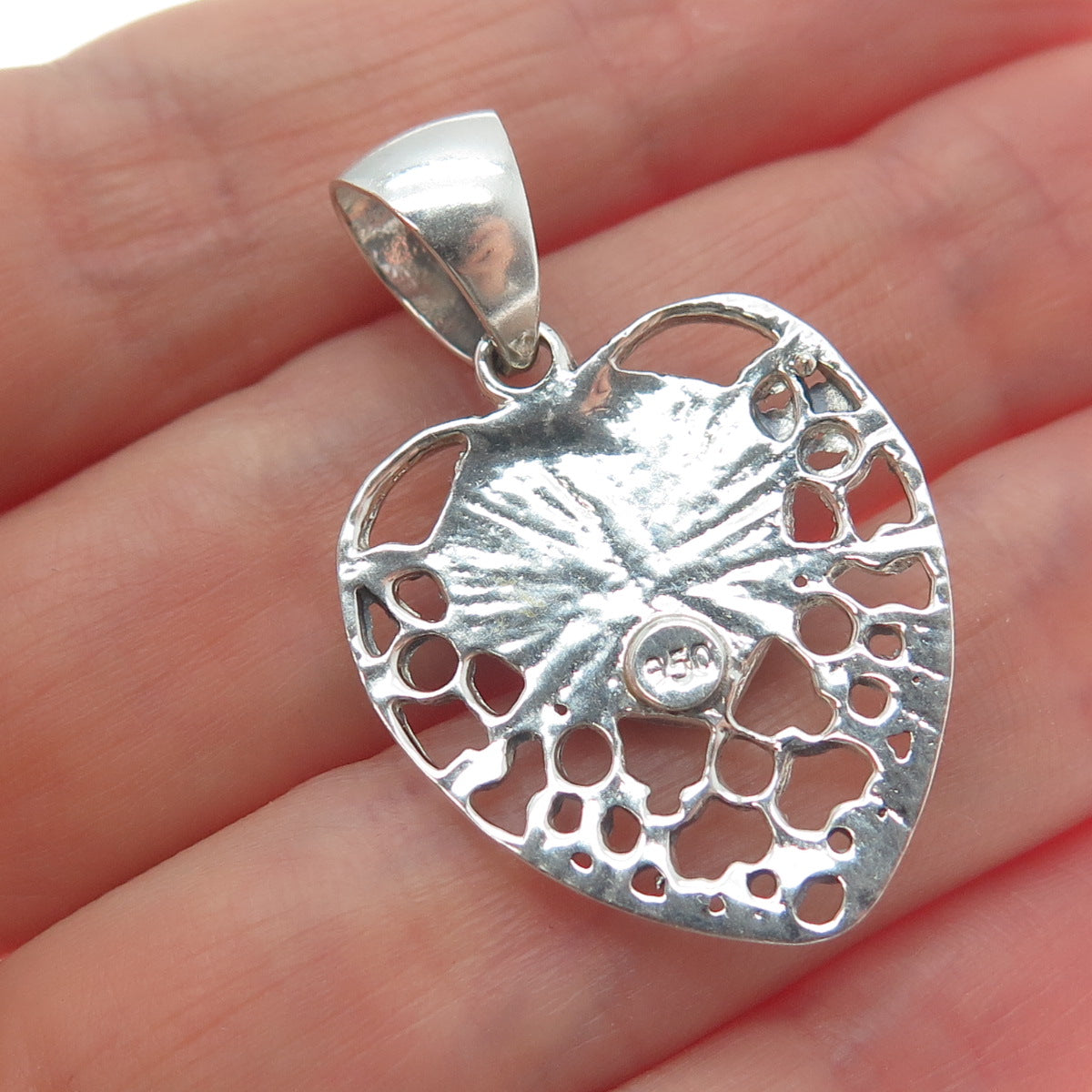 950 Silver Vintage Real Agate Ornate Heart Charm Pendant