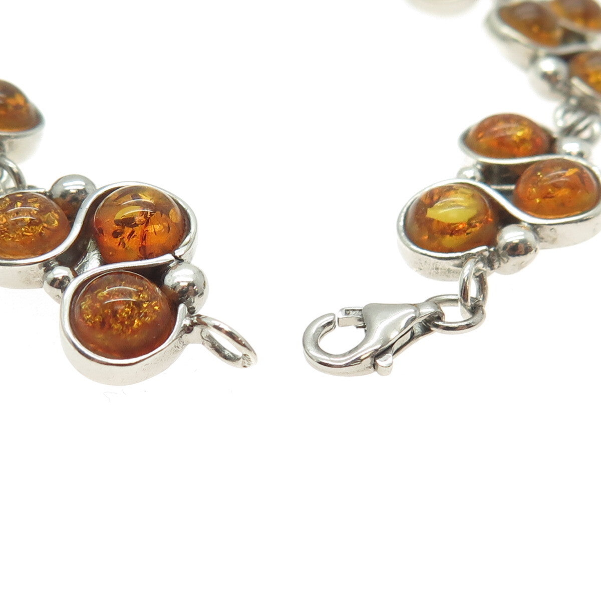 925 Sterling Silver Vintage Real Amber Modernist Link Bracelet 7.5"