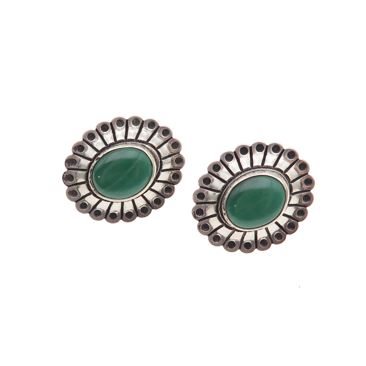 Old Pawn 925 Sterling Silver Vintage Southwestern Malachite Concho Stud Earrings