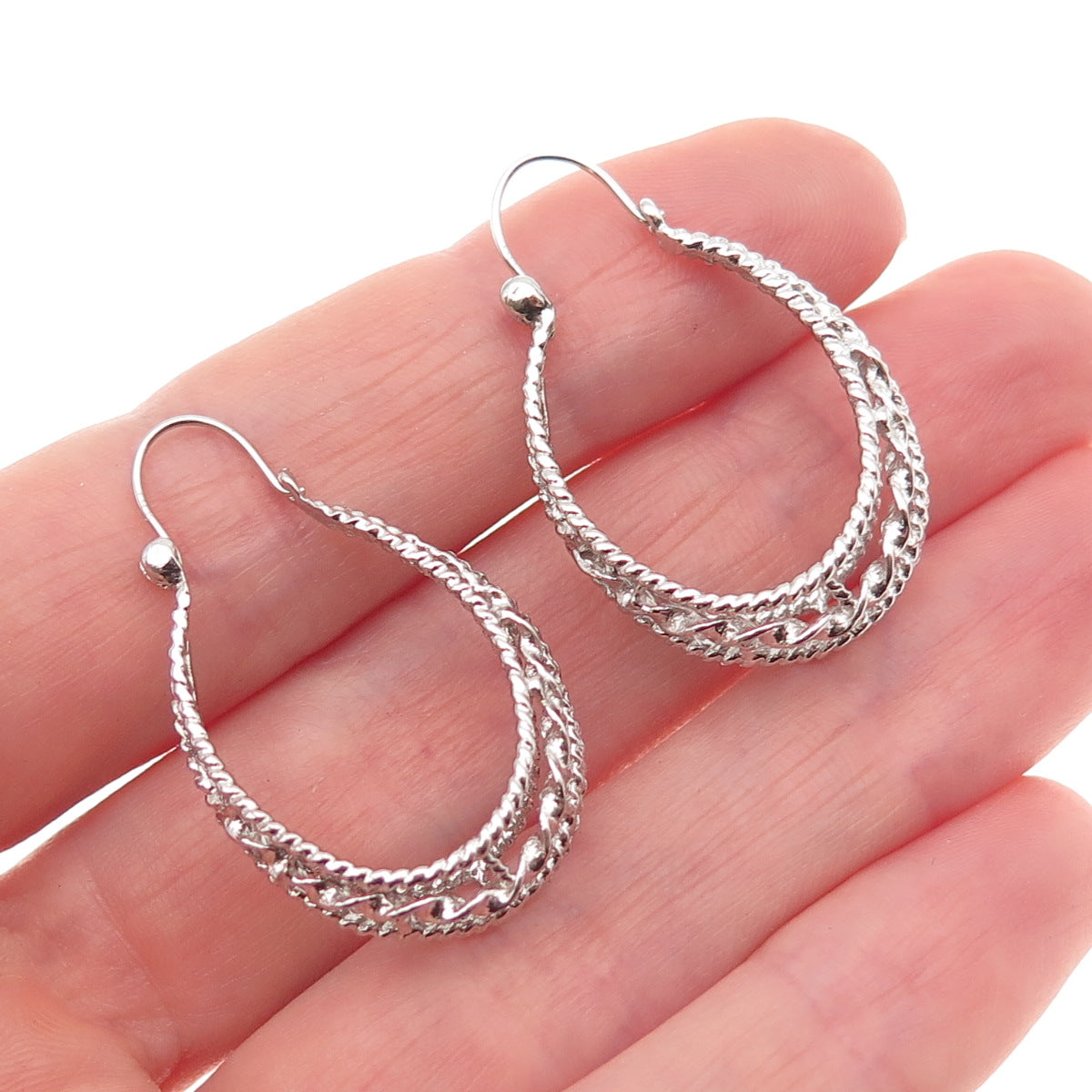 925 Sterling Silver Vintage Twisted Crescent Hoop Dangle Earrings