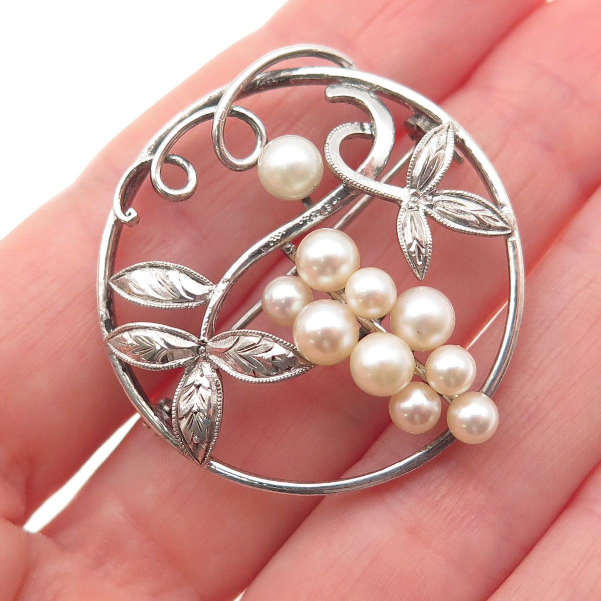 925 Sterling Silver Antique Art Deco Real Pearl Floral Pin Brooch