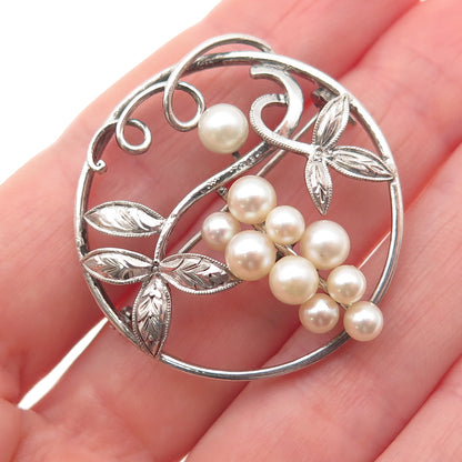 925 Sterling Silver Antique Art Deco Real Pearl Floral Pin Brooch